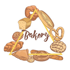 Wall Mural - Bakery Hand Drawn Design with Different Fresh Bread and Loaf. Vector illustration