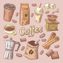 Wall Mural - Coffee Hand Drawn Doodle with Beans, Sugar and Chocolate. Vector illustration