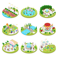 Isometric City Park Composition with Walking People. Outdoor Activity. Family on the Walk. Vector flat 3d illustration