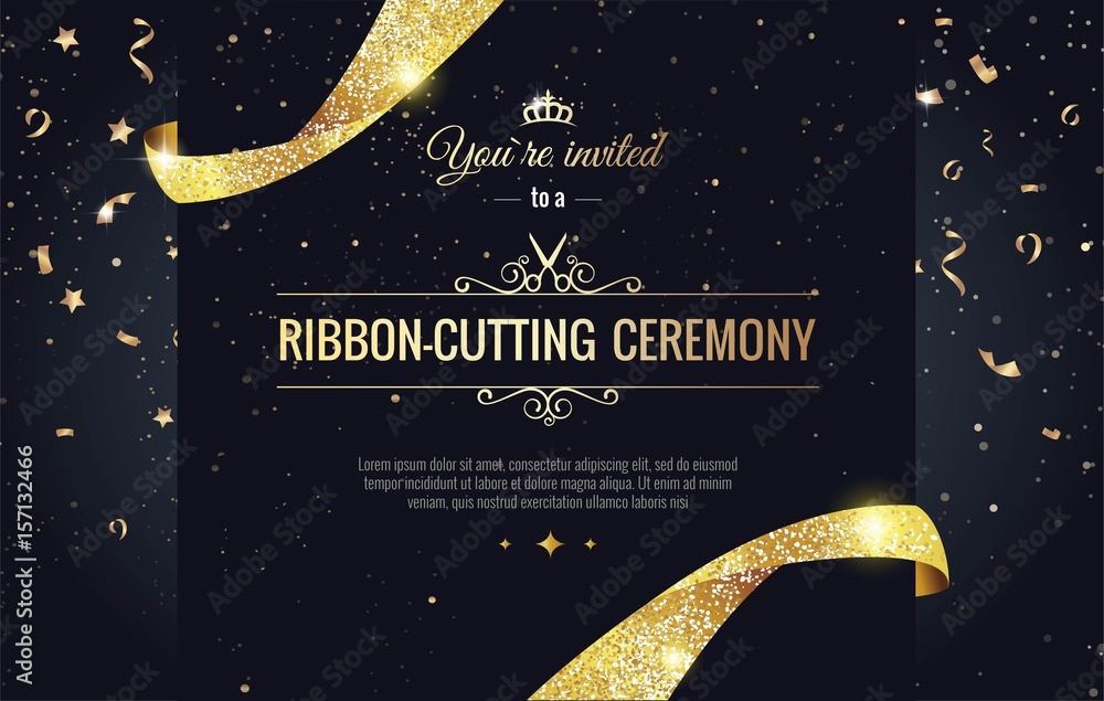 Grand opening sparkling banner. Text composition with  golden splashes  and ribbons.Gold sparkles.  Elegant style. Vector Illustration - obrazy, fototapety, plakaty 