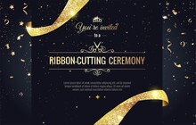 Grand Opening Sparkling Banner. Text Composition With  Golden Splashes  And Ribbons.Gold Sparkles.  Elegant Style. Vector Illustration