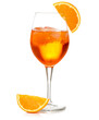 spritz cocktail in a wineglass garnished with orange slice 