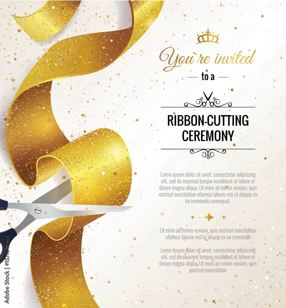 Grand opening vertical banner. Text with  confetti, golden splashes  and ribbons.Gold sparkles.  Elegant style. Vector Illustration - obrazy, fototapety, plakaty 