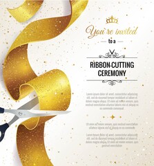 grand opening vertical banner. text with confetti, golden splashes and ribbons.gold sparkles. elegan