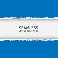 Fototapete - Vector seamless torn paper on white background. Isolated ripped blue paper edges with soft shadow. Template for your design. Sample text