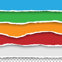 Poster - Vector seamless torn papers set on transparent background. Isolated ripped colored (red, blue, green, orange, white) paper edges with soft shadow. Template for your design.