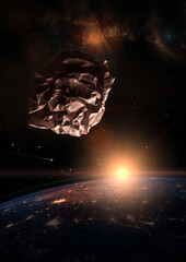 Wall Mural - garbage in space concept. crumbled paper meteorite over the dark planet earth at sunrise. a nebula a