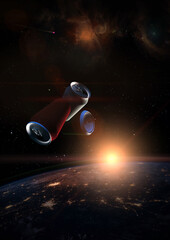 Wall Mural - garbage in space concept. soda tin cans over the dark planet earth at sunrise. a nebula appears in t
