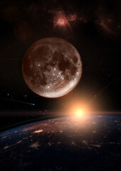 Wall Mural - moon over the dark planet earth at sunrise. a nebula appears in the distance and a comet is running 