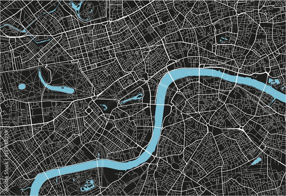 Black and white vector city map of London with well organized separated layers.
