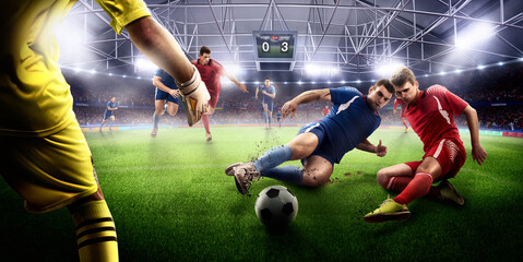 Soccer action on 3d sport arena. mature players fight for the ball.