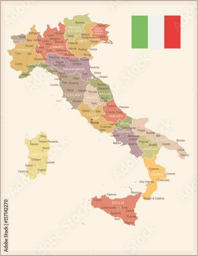 Italy - vintage map and flag - illustration Poster Mural XXL
