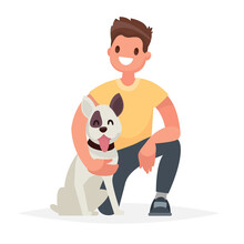 Man With The Dog. Caring For A Four-footed Friend. Vector Illustration In A Flat Style