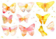 Collection Of Abstract Golden Watercolour Butterflies On White