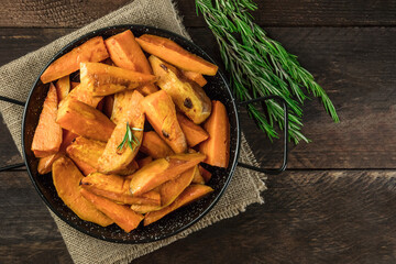 Overhead photo of roasted sweet potatoes in pan