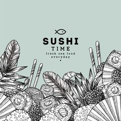 Asian food background. Sushi restaurant menu design template. Vector illustration