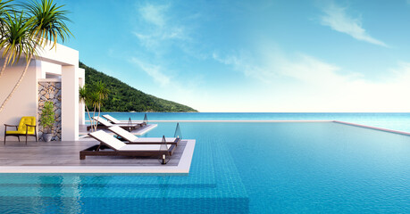 beach lounge ,sun loungers on sunbathing deck and private swimming pool with panoramic sea view at l