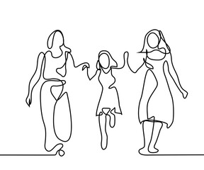 Wall Mural - Continuous line drawing. Family with mother, grandmother and girl walking. Vector illustration