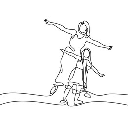 Wall Mural - Continuous line drawing. Family with mother and girl in fly. Vector illustration