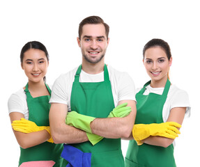 Wall Mural - Cleaning service team in green aprons on white background