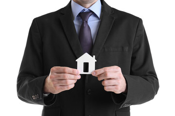 Poster - Man holding house model on white background