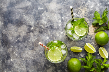 Mojito cocktail alcohol bar drink traditional Cuban fresh tropical beverage top view copy space two highball glass with rum