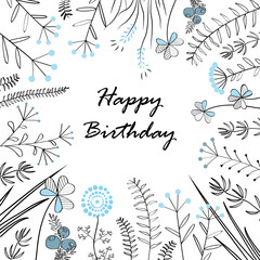 Wall Mural - Card with medow herbs and text Happy Birthday. Vector illustration. Illustration for greeting cards, invitations, and other printing projects.