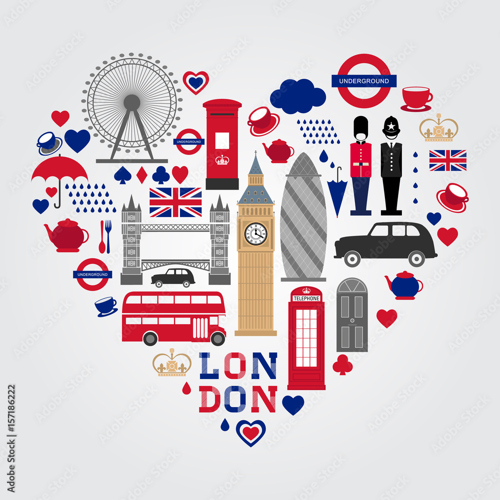 Fototapeta Zestaw Symboli Serca Londynu Kolekcja Ikon W Wielkiej Brytanii Na Wymiar Londyn Architektura Anglia