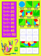 Exercise for children with multiplication by five. Need to paint the squares in relevant color. Logic puzzle game. Vector image.