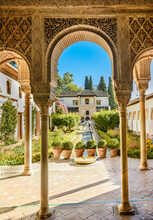 Courtyard Of The Alhambra From Granada, Andalusia, Spain