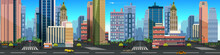 Illustration Of A City Landscape ,with Buildings And Road, Vector Unending Background With Separated Layers For Game.Vector Illustration For Your Design