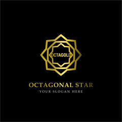 Sticker - Gold Octagonal Star Logo Vector in elegant Style with Black Background