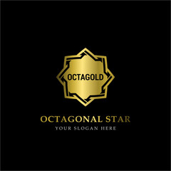 Wall Mural - Gold Octagonal Star Logo Vector in elegant Style with Black Background