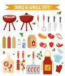 Barbecue and grill icons set, flat or cartoon style. BBQ collection of objects, elements of design. Isolated on white background. Vector illustration