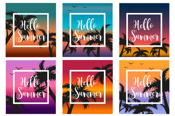Hello summer set the template for the poster in a white frame on a background of sunset and palm trees. Beach concept collection, vacation, vacation by the sea. Vector illustration