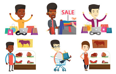 Sticker - Vector set of shopping people characters.