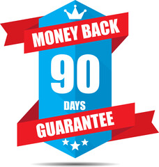 90 days money back guarantee Promotional Sale Blue Sign, Seal Graphic With Red Ribbons. A Specified Period Of Time.