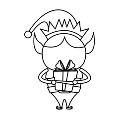 Sticker - elf helper with gift santa christmas celebration, outline icon vector illustartion