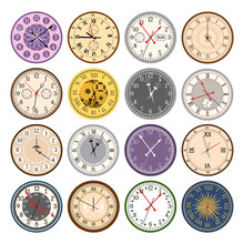 Colorful Clock Faces Vintage Modern Parts Index Dial Watch Arrows Numbers Dial Face Vector Illustration