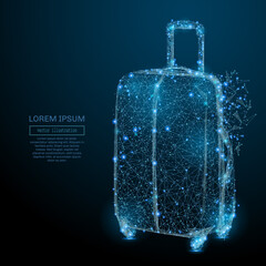 Polygonal Suitcase for travel. Recreation or travel concept. Vector mesh spheres from flying debris. Thin line concept. Blue structure style illustration