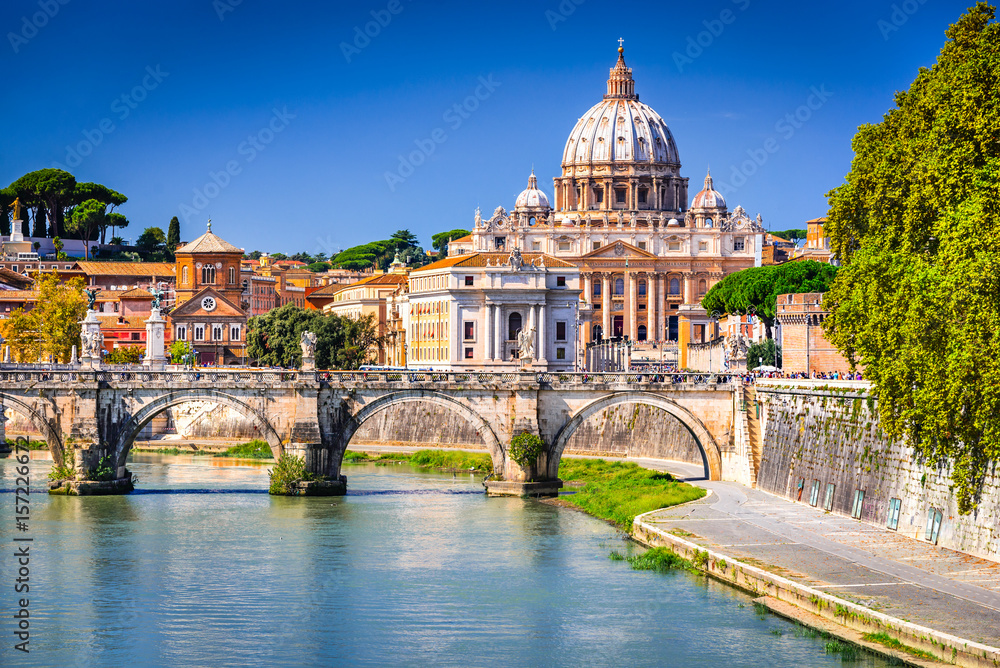 Rome, Italy - Vatican, Saint Peter Basilica and Tiber River - obrazy, fototapety, plakaty 