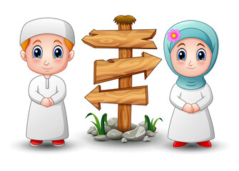 Poster - Muslim kid cartoon with blank wood arrow sign