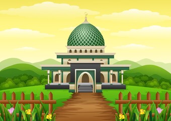 Islamic mosque building with green dome in the garden