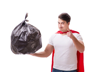 Wall Mural - Superhero man with garbage sack isolated on white