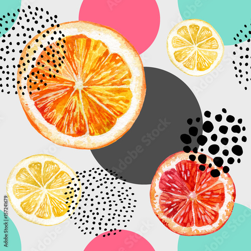 akwarela-swiezy-pomaranczowy-grejpfrutowy-i-kolorowy-kola-wzor