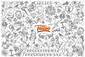Hand drawn Tattoo doodle set background with orange lettering in vector