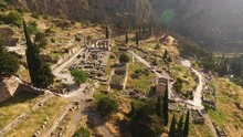 Aerial Drone Video Of Arcaheological Site Of Delphi, Temple Of Apollo, Greece