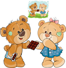 vector illustration of a brown teddy bear sweet tooth unfurled a chocolate bar and gives it to his g