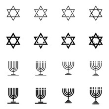 Set Of Various Star Of David And Menorah Outline Vector Icons.