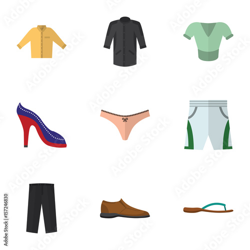 Fotografía Flat Garment Set Of Banyan, Heeled Shoe, Trunks Cloth And Other Vector Objects